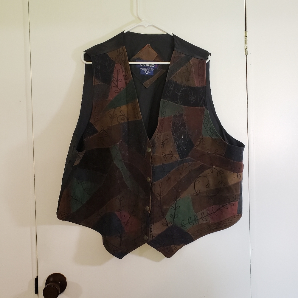 L A Blues Suede Leather Patchwork Vest Womens 4x Brown Blue embroidered